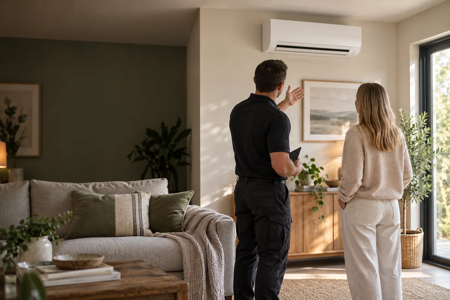 An air-conditioning installer and homeowner looking at a wall-mounted unit in a comfortable living room