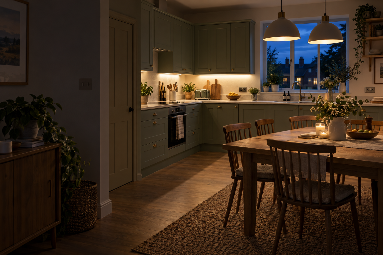 A kitchen and dining space lit by warm pendant and cabinet lights