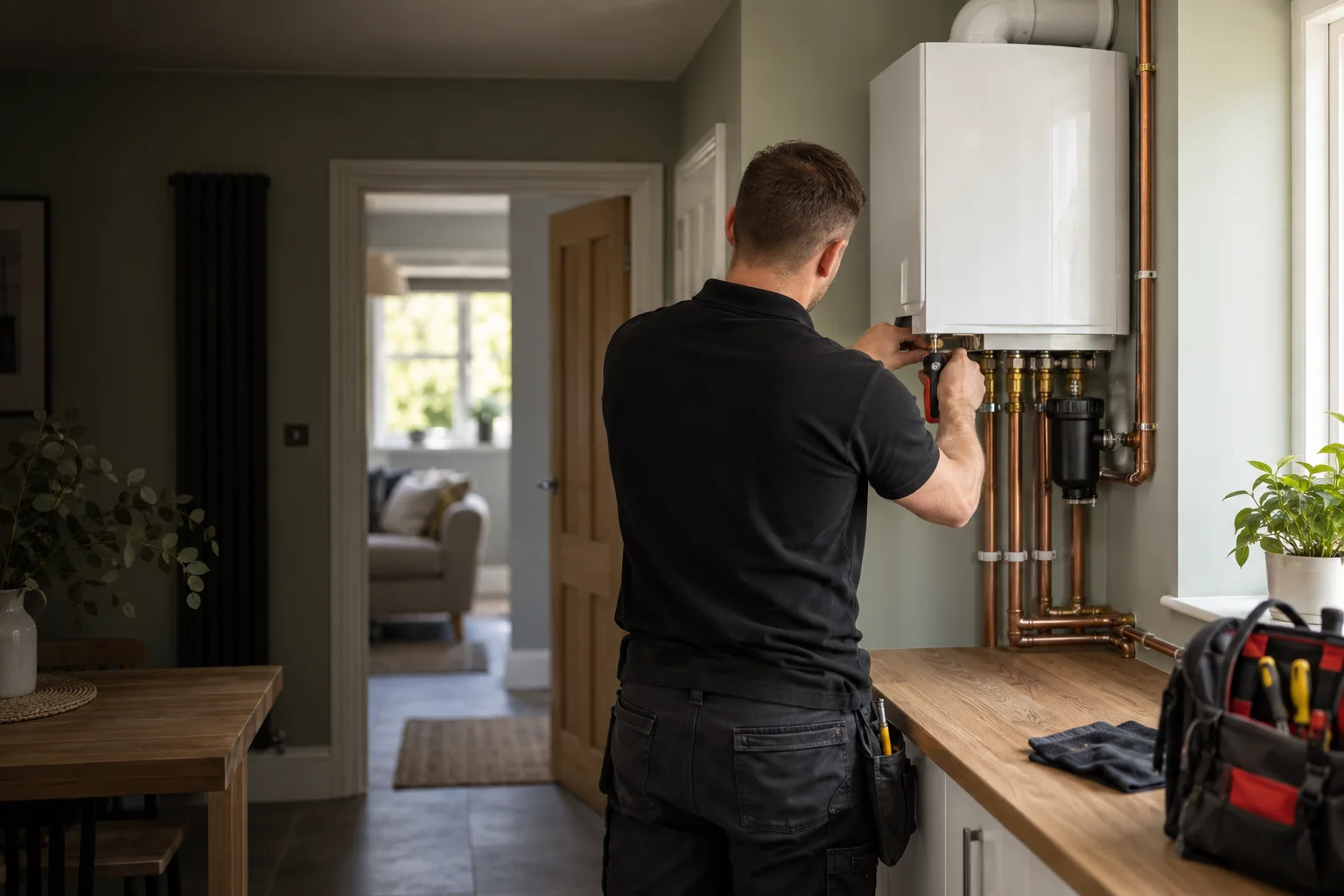 A heating engineer working on a wall-mounted boiler