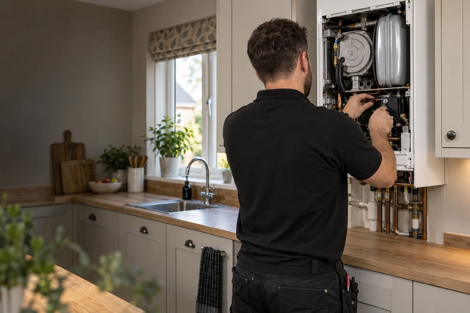 A heating engineer in a black polo shirt repairing an open boiler in a kitchen, seen over the shoulder