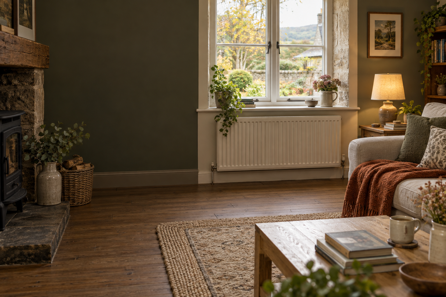 A warm sitting room with a radiator