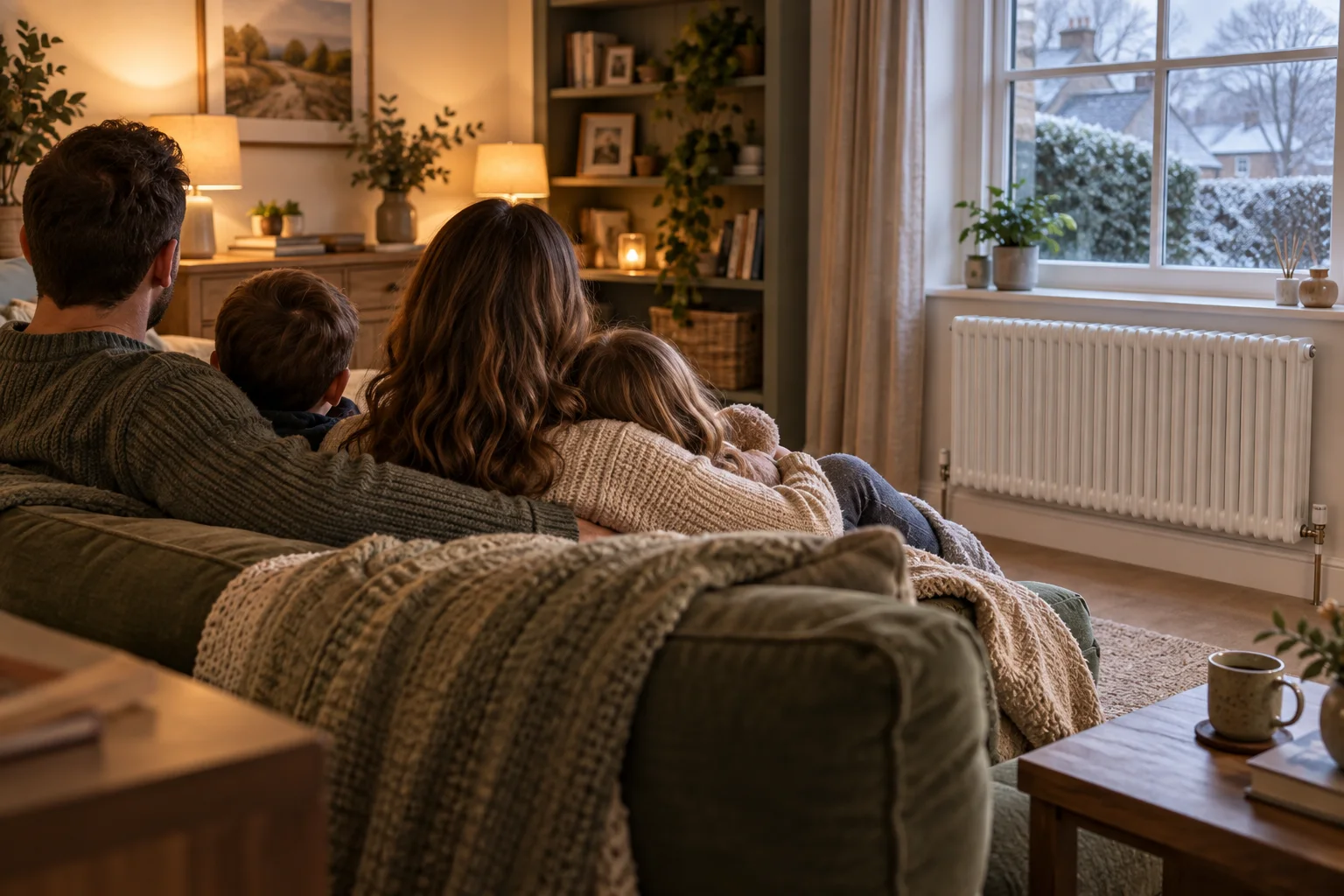 A family relaxing in a warm room beside a radiator