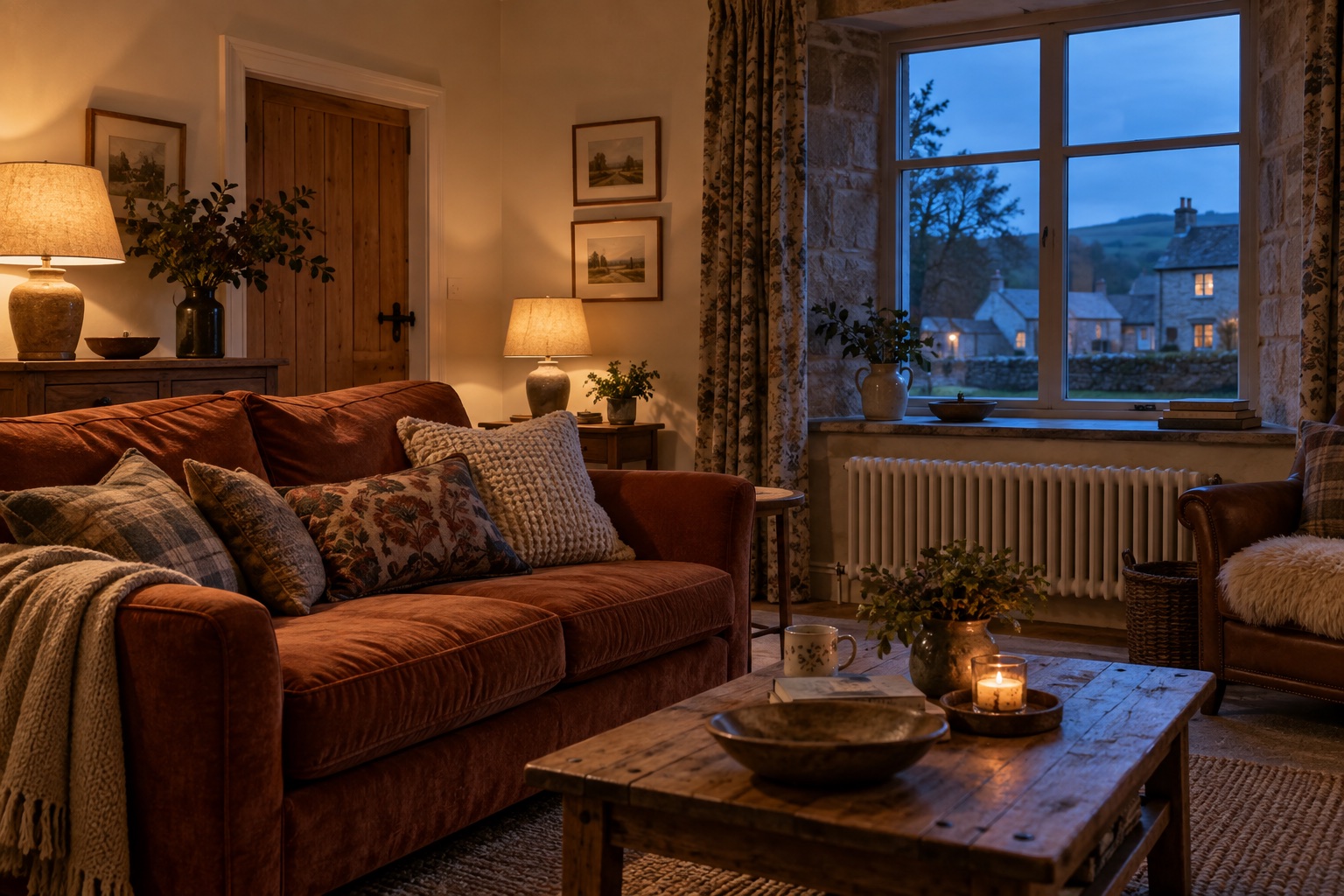 A warm home overlooking a village at dusk