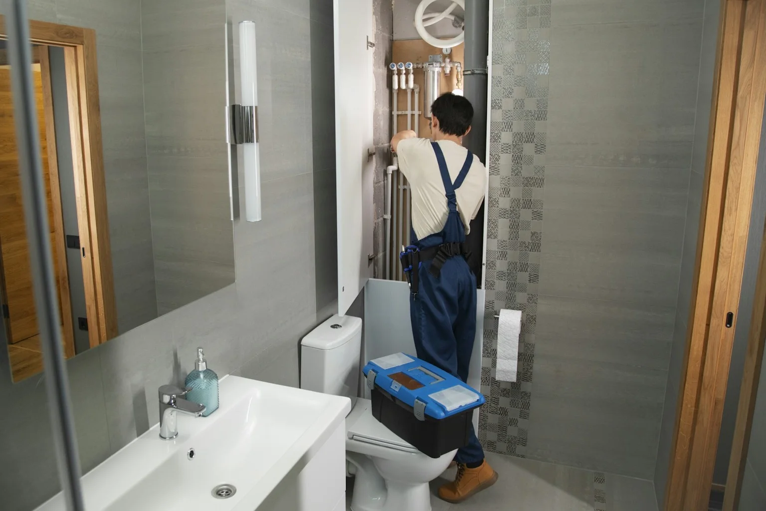 A plumbing engineer working on exposed domestic water pipework in a bathroom, seen from behind