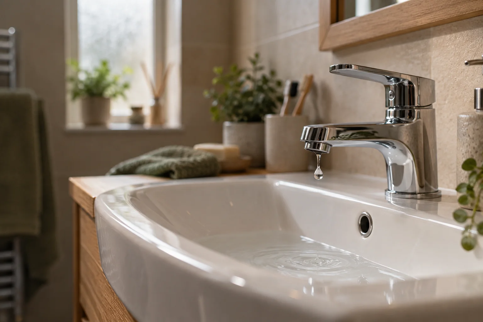 A water droplet falling from a chrome bathroom tap into a white ceramic basin