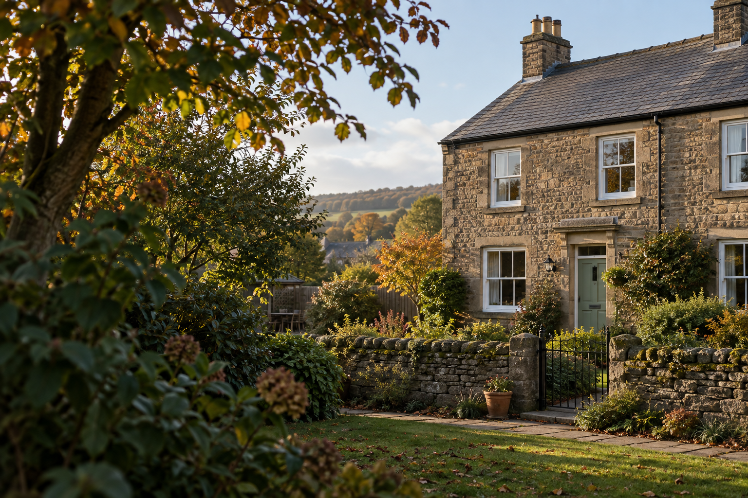 A stone house with a leafy garden
