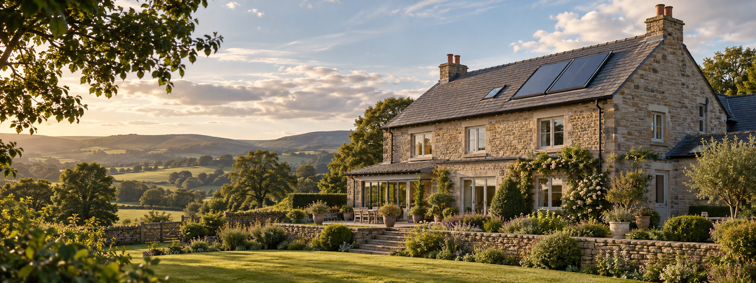 A rural stone home with solar hot-water collectors fitted neatly into the slate roof