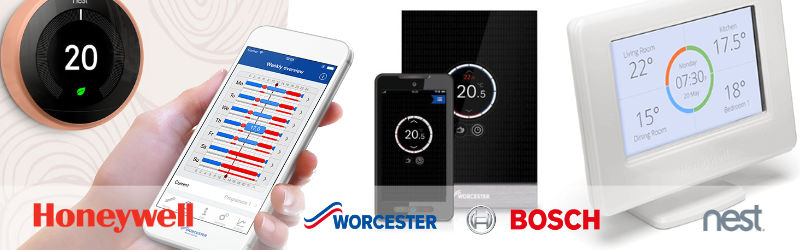 Picture of various central heating smart controls by Honeywell Worcester Bosch and Nest